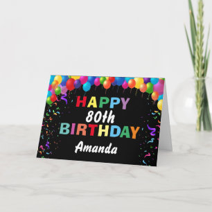 ハッピー80th誕生日カラフルバルーンズブラック カード