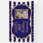 ハッピー80th誕生日バナーネイビーブルー金ゴールド写真 横断幕 (縦)