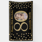 ハッピー80th誕生日バナーブラック&金ゴールド写真 横断幕 (縦)