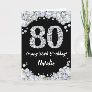 ハッピー80th誕生日ブラックアンドシルバーグリッターカード カード