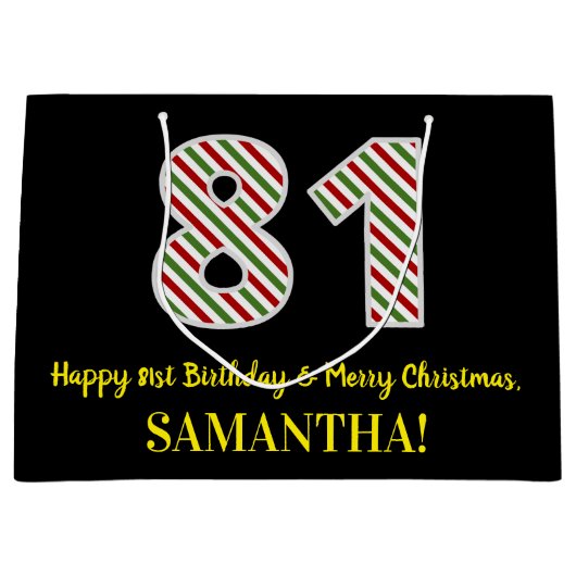 ハッピー81誕生日&メリークリスマス、名前をカスタムする ラージペーパーバッグ (正面)