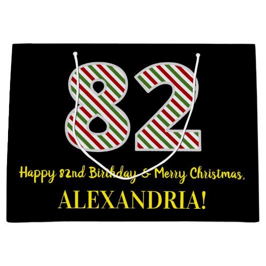 ハッピー82誕生日&メリークリスマス、名前をカスタムする ラージペーパーバッグ (正面)