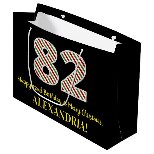 ハッピー82誕生日&メリークリスマス、名前をカスタムする ラージペーパーバッグ (正面アングル)