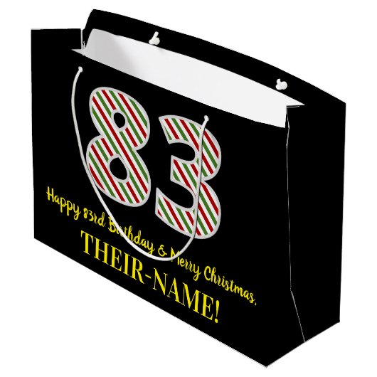 ハッピー83誕生日&メリークリスマス、名前をカスタムする ラージペーパーバッグ (裏面アングル)