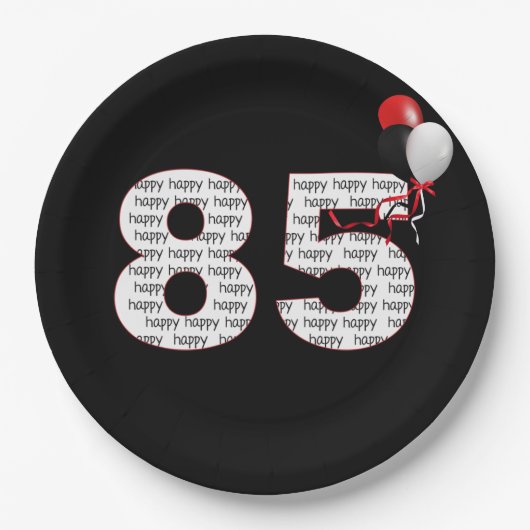 ハッピー85th誕生日オンブラック紙プレート ペーパープレート (正面)