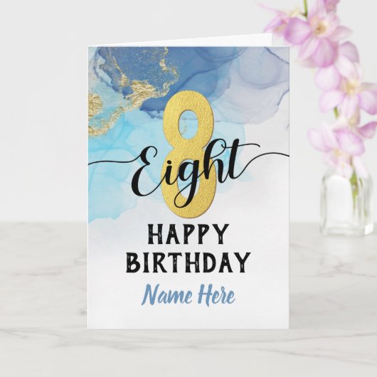 ハッピー8th誕生日ウォーターカラーブルー&金ゴールドボーイ カード (蘭)