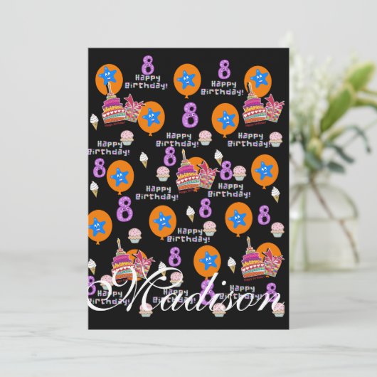 ハッピー8th誕生日招待状誕生日#8ブラック 招待状 (スタンド正面)