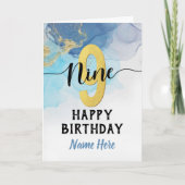 ハッピー9誕生日ウォーターカラーブルー&金ゴールドボーイ カード (正面)