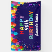 ハッピー90誕生日カラフルバルーンズネービーブルー 横断幕 (縦)
