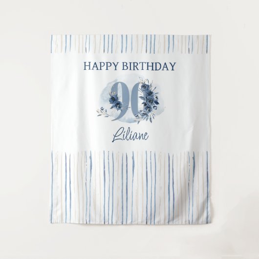 ハッピー90誕生日コースタルブルーフローラ番号90 タペストリー (正面)