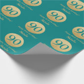 ハッピー90誕生日ティール（緑がかった色）と金ゴールドグリッター ラッピングペーパー (角)