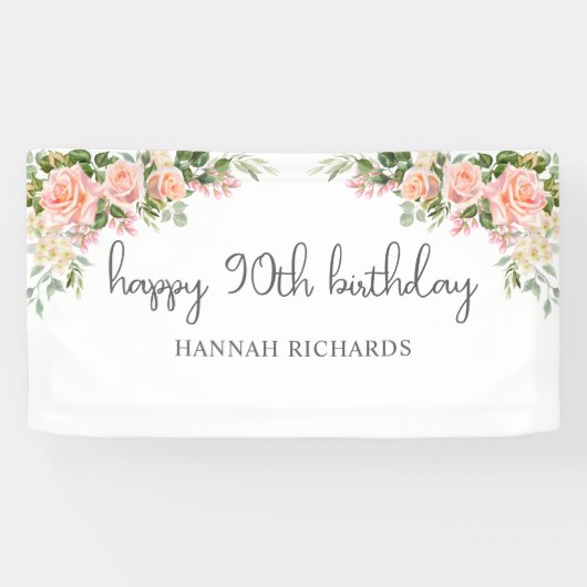 ハッピー90誕生日ピンクピーチフローラ 横断幕 (横)