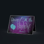 ハッピー90thネームパープルティール（緑がかった色）神秘的誕生日 カード<br><div class="desc">90誕生日の願いを送信する神秘的な装飾のタイポグラフィのデザイン。ハッピーバースデーはスウェッエレガントシュ、ブルーの色合いでスクリプトタイポグラフィに設定され華美、年齢は受信者の名前と一緒にコーディネートされた書体で、水色スタイルの背景に紫の色合いで設定される。メッセージの内側を自分の好きな挨拶に変更もしし、正面の年齢と名前を簡単にカスタマイズできる。スパークルフェイクティール（緑がかった色）バルーン前面に完璧な仕上げtouchを追加！同じ色の背景が内側に続く。</div>