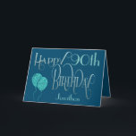 ハッピー90th誕生日ネームブルー カード<br><div class="desc">90歳エレガントの誕生日の挨拶に青い色合いのレタリングを持つデザイン。ハッピーバースデーは青で装飾的な台本に設定され、年齢は青い背景に柔らかいティール（緑がかった色）でコーディネートされたスタイルに、あなたの受信者の名前と一緒に。メッセージ内のメッセージを自分の挨拶に変更できる。スパークフェイクリーティール（緑がかった色）バルーン前面に完璧な仕上げtouchを追加！同じ色の青い背景が内側に続く。</div>