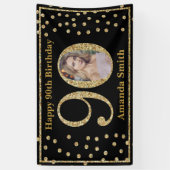 ハッピー90th誕生日バナーブラック&金ゴールド写真 横断幕 (縦)
