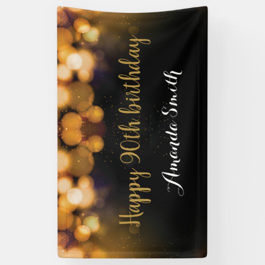 ハッピー90th誕生日バナー。黒と金ゴールドグリッター 横断幕 (縦)