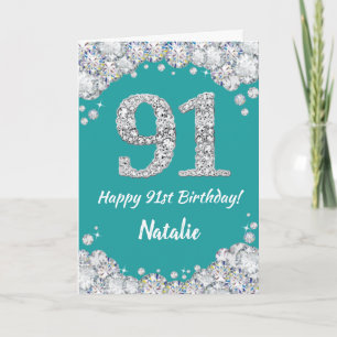 ハッピー91誕生日ティール(緑がかった色)とシルバーグリッターカード カード