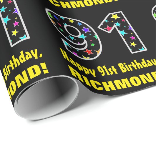 ハッピー91誕生日、おもしろいカラフルスターパターン91 ラッピングペーパー (ロールコーナー)