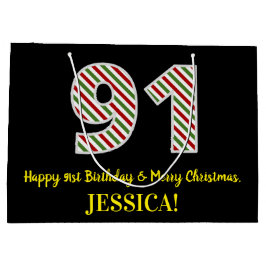 ハッピー91誕生日&メリークリスマス、名前をカスタムする ラージペーパーバッグ
