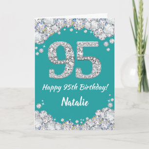 ハッピー95誕生日ティール(緑がかった色)とシルバーグリッターカード カード