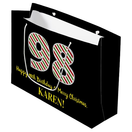 ハッピー98誕生日&メリークリスマス，名前をカスタムする ラージペーパーバッグ (正面アングル)