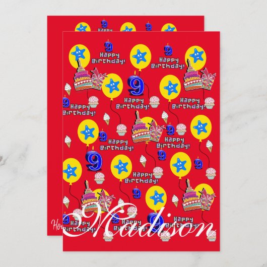 ハッピー9th誕生日招待状誕生日#9赤 招待状 (正面/裏面)