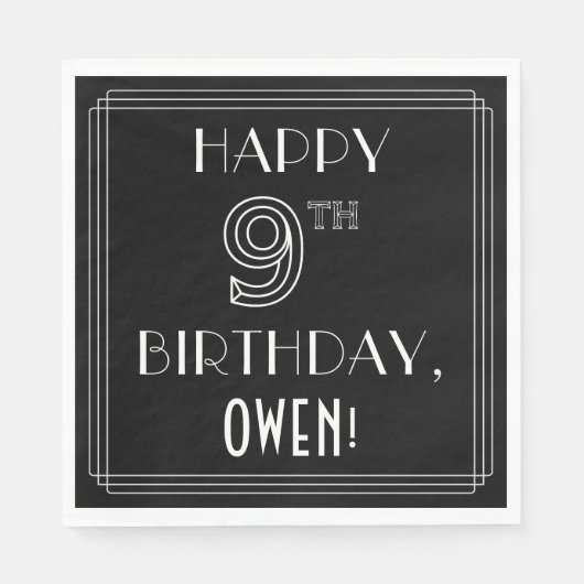 ハッピー9th誕生日;アールデコスタイル;名前をカスタムする スタンダードランチョンナプキン (正面)