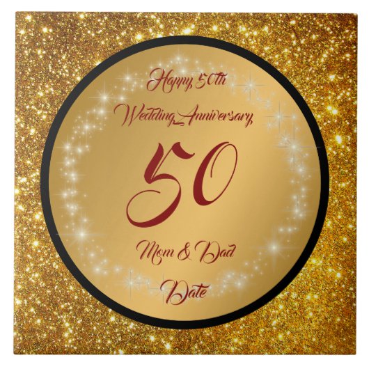 ハッピー カスタマイズ ゴールド グリッター 50周年記念 タイル (正面)