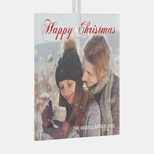 ハッピー・クリスマス・レッド・エレガントスクリプト・ファミリーの写真 ガラスオーナメント (正面右)