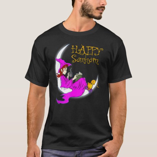 ハッピー・サウィン 紫の魔女 本 コーヒー 猫 月 Tシャツ (正面)