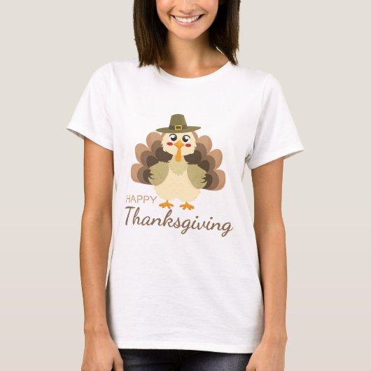 ハッピー・サンクスギビング かわいい七面鳥の秋 Tシャツ (正面)