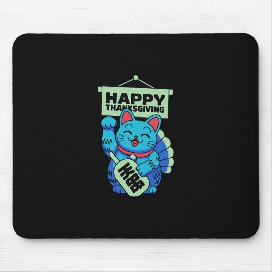 ハッピー+サンクスギビング まねきねこ 縁起物 日本 マウスパッド (正面)