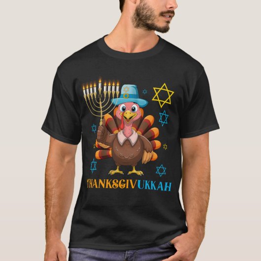 ハッピー・サンクスギヴカ Turkey メノーラー Tシャツ (正面)