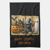ハッピー "スプーキー" ハロウィン パンプキン 黒猫 コウモリ キッチンタオル (縦)