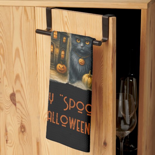 ハッピー "スプーキー" ハロウィン パンプキン 黒猫 コウモリ キッチンタオル (三つ折り)