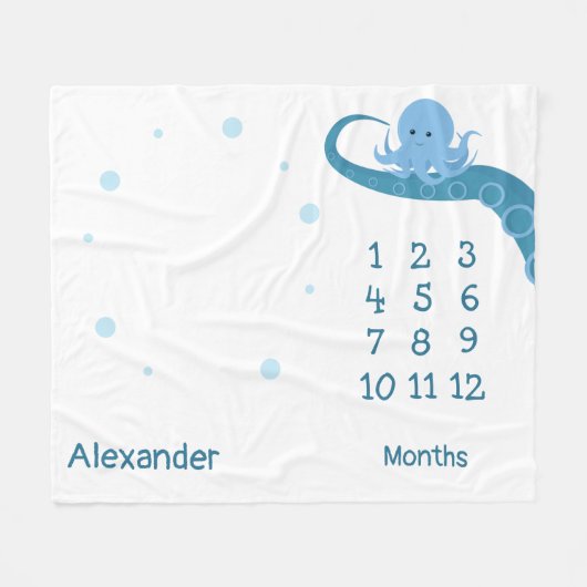 ハッピー·タコス·ホワイトブルーネーム·アニマル·マイルストーン フリースブランケット (正面(横))