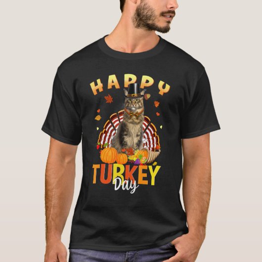 ハッピー・ターキー・デイ かわいい猫 感謝祭 Tシャツ ホー (正面)