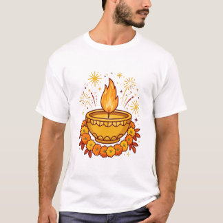 ハッピー・ディワーリー・ディヤ・マリーゴールドTシャツ Tシャツ
