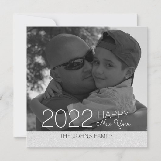 ハッピー・ニューイヤーズ・グリッター・シルバー写真 カード (正面)