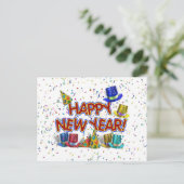 ハッピー·ニューイヤーズ·文字(パーティー·ハットと紙吹雪) シーズンポストカード (スタンド正面)