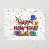 ハッピー·ニューイヤーズ·文字(パーティー·ハットと紙吹雪) シーズンポストカード (正面/裏面)