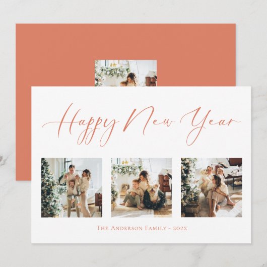 ハッピー・ニューイヤー・オレンジ・数々のフォトコラージュ シーズンカード (正面/裏面)