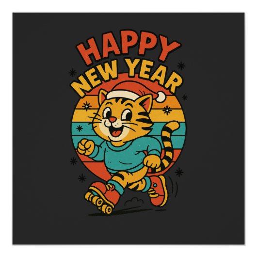 ハッピー・ニューイヤー・キャット - かわいい80年代風キャラクターのスケート ポスター (正面)