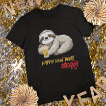 ハッピー・ニュー・ビア/イヤー 面白いナマケモノ Tシャツ