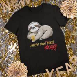 ハッピー・ニュー・ビア/イヤー 面白いナマケモノ Tシャツ