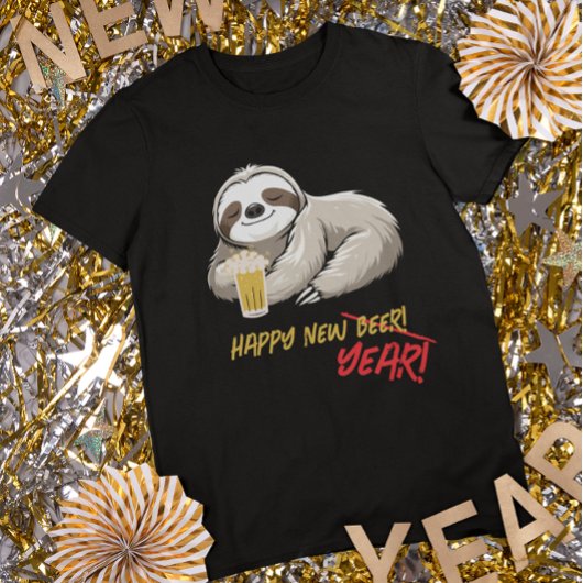 ハッピー・ニュー・ビア/イヤー 面白いナマケモノ Tシャツ