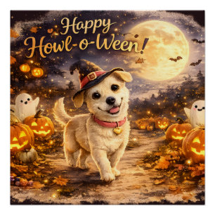 ハッピー・ハウルウィーン かわいい犬のハロウィンデザイン ポスター