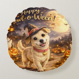 ハッピー・ハウルオウィーン かわいい犬のハロウィンデザイン ラウンドクッション