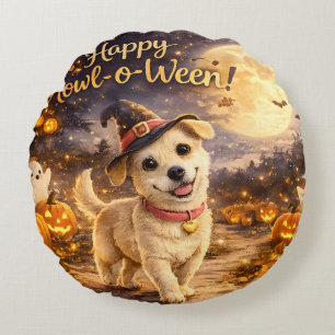 ハッピー・ハウルオウィーン かわいい犬のハロウィンデザイン ラウンドクッション