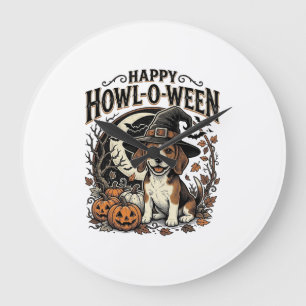 ハッピー・ハウルオウィーン・ビーグル・魔女の帽子・ハロウィンTシャツ ラージ壁時計